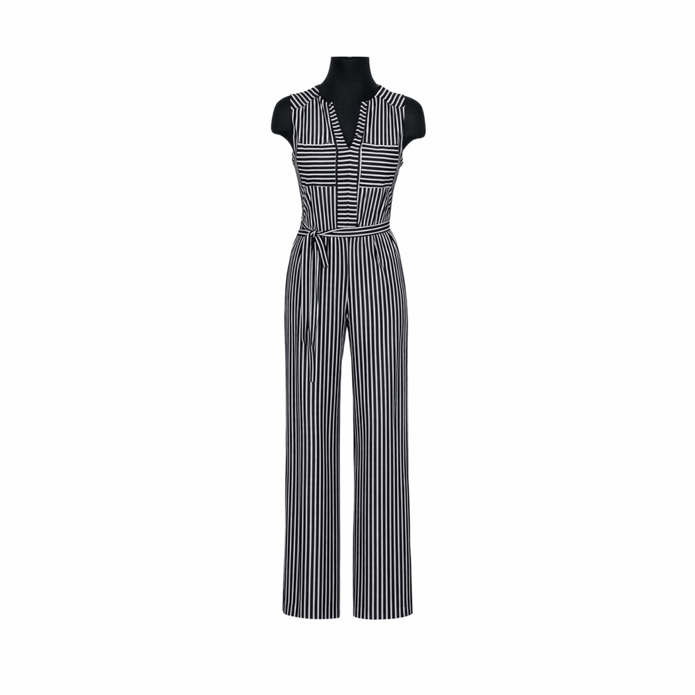NWT Women's Monteau Navy & White Striped Tie Waist Sleeveless Jumpsuit S - Picture 2 of 14